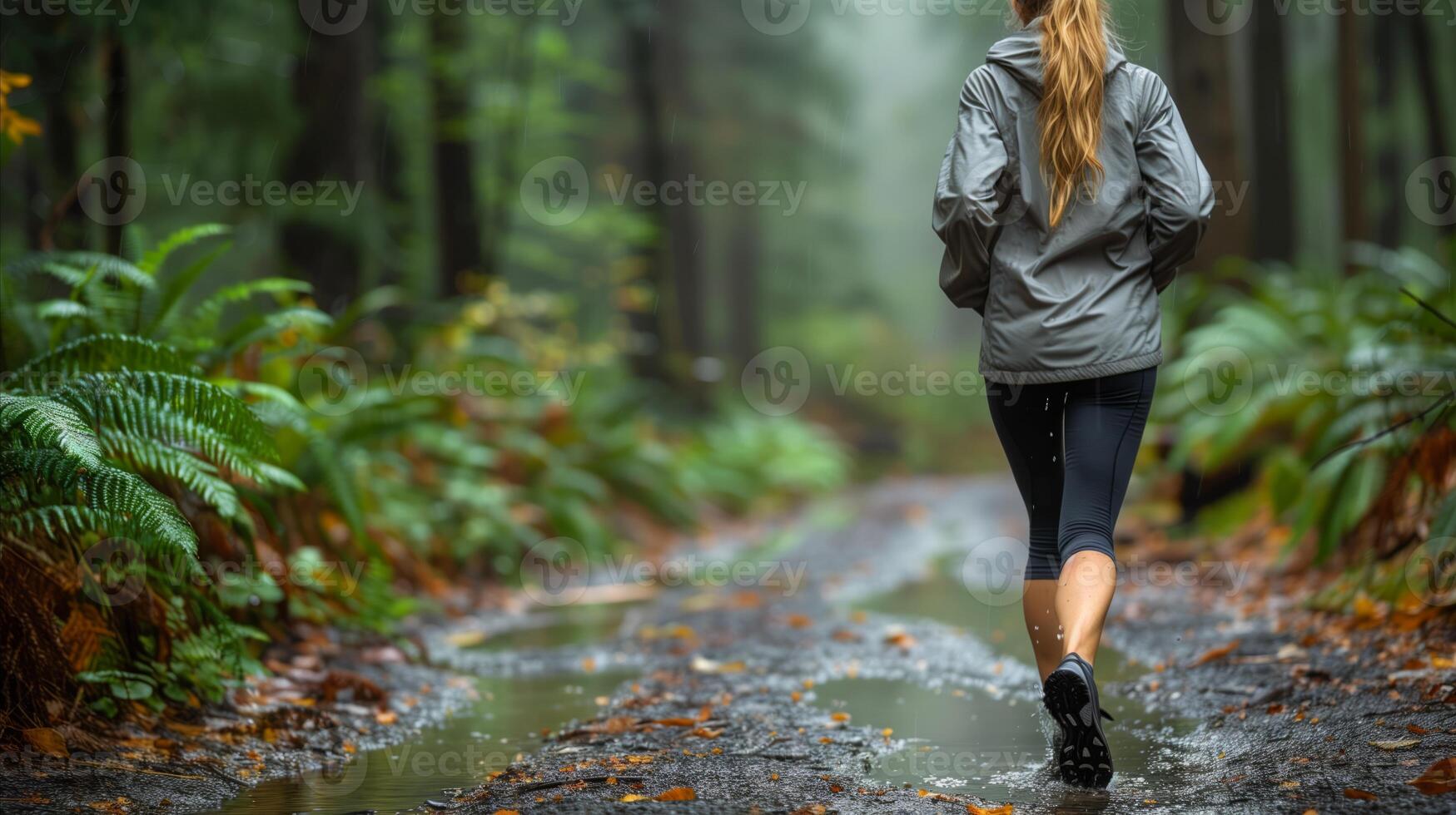 donna jogging su foresta pista su nuvoloso giorno foto