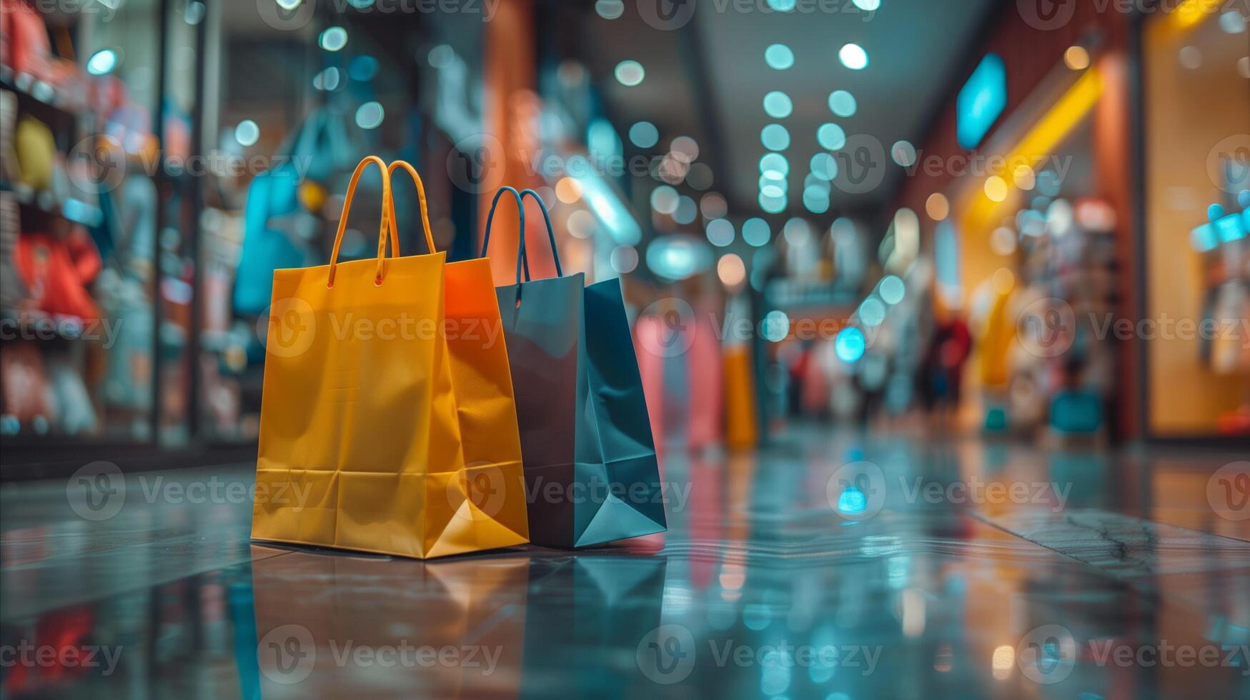 colorato shopping borse dentro un' brillantemente illuminato centro commerciale foto