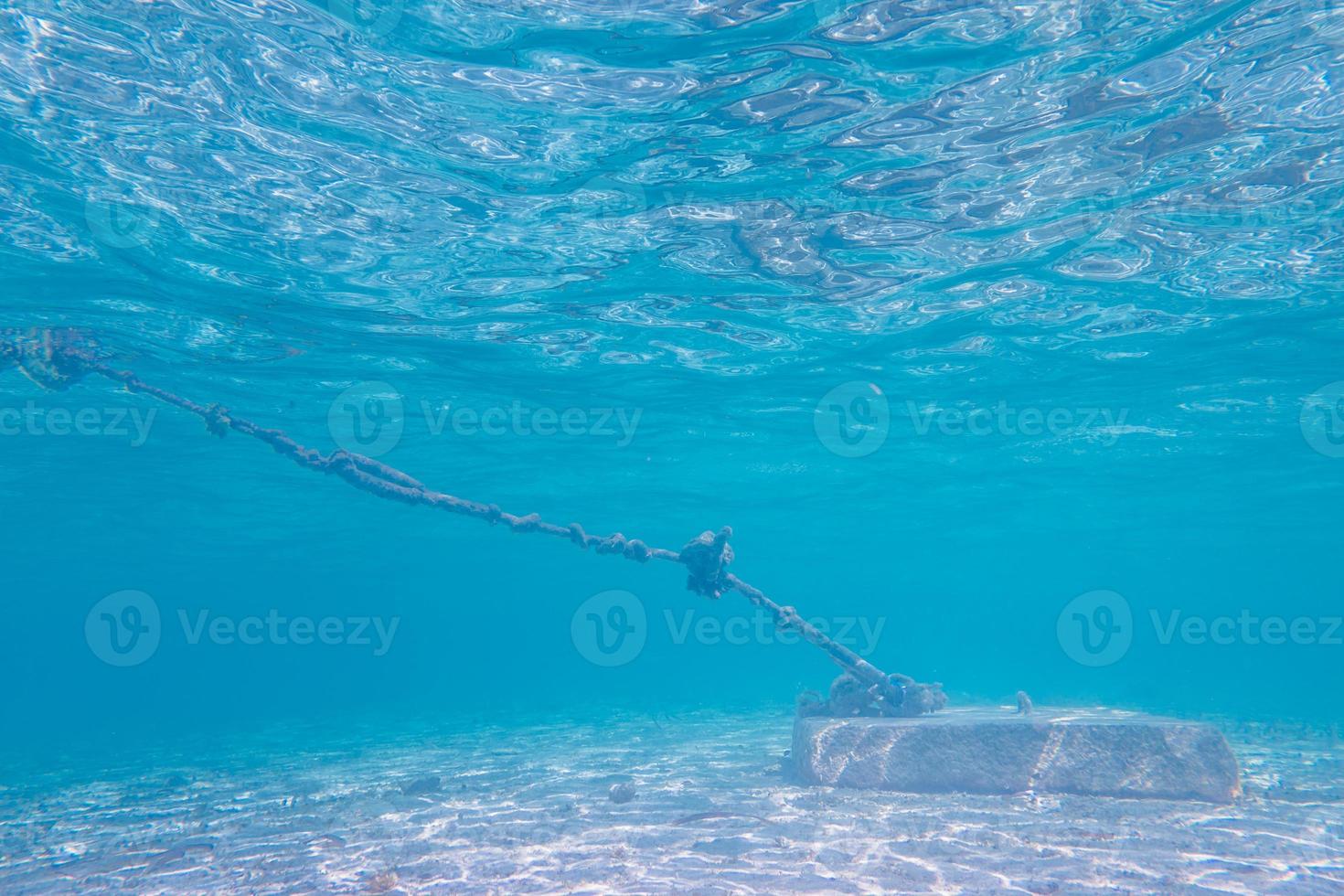 ancoraggio in cemento e vecchia corda vista da sott'acqua nell'oceano caraibico foto