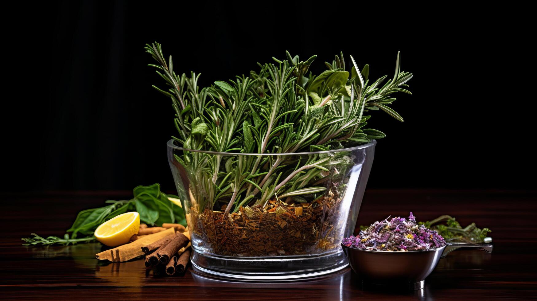 bicchiere vaso pieno con fragrante erbe aromatiche e spezie foto