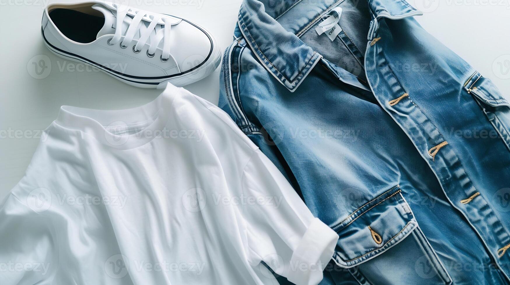 bianca cotone maglietta modello con denim giacca scarpe da ginnastica design t camicia modello tee Stampa presentazione finto su foto