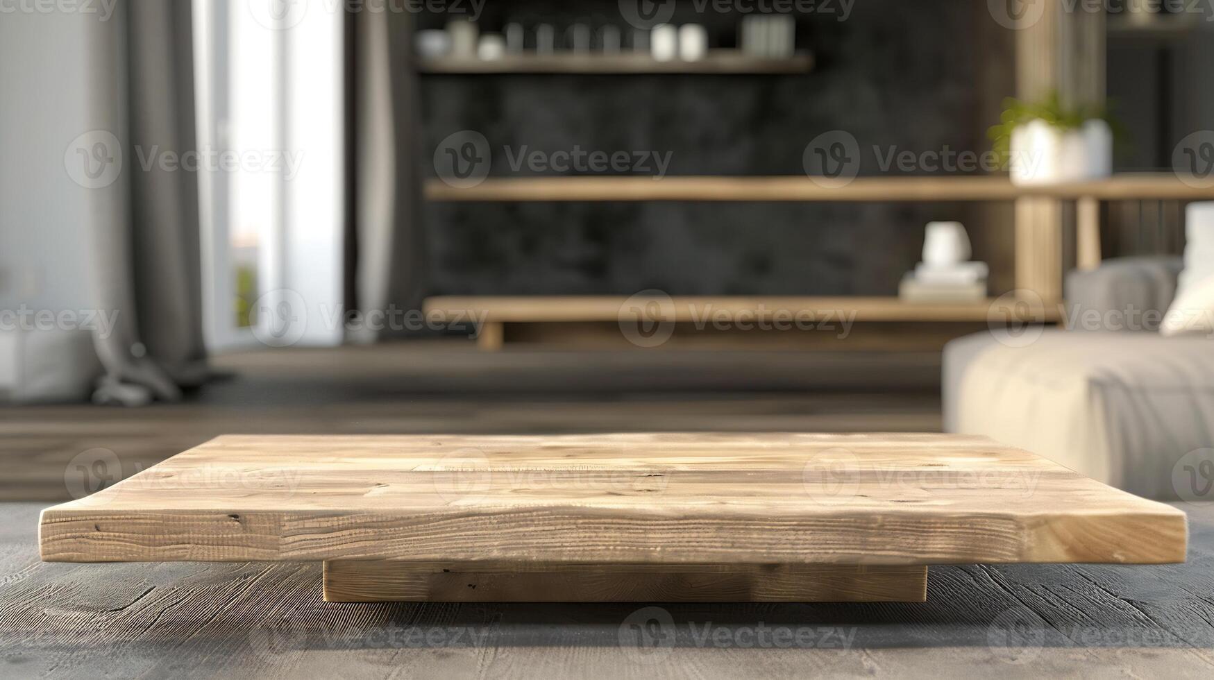 vuoto di legno tavolo e vivente camera interno decorazione sfondo Prodotto montaggio Schermo, foto