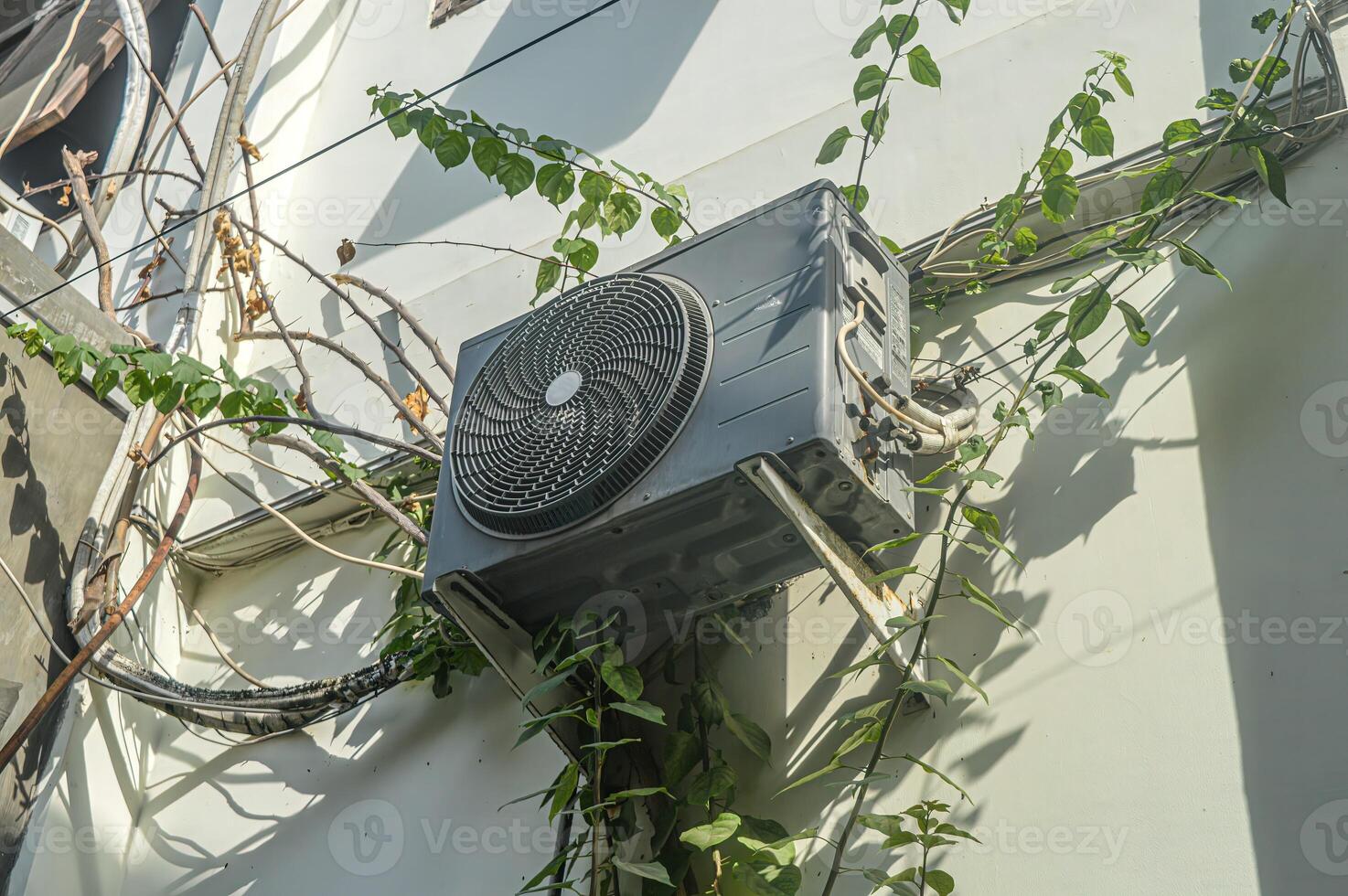 un aria condizionatore condensatore coperto di vegetazione con spinoso viti in giro esso. foto