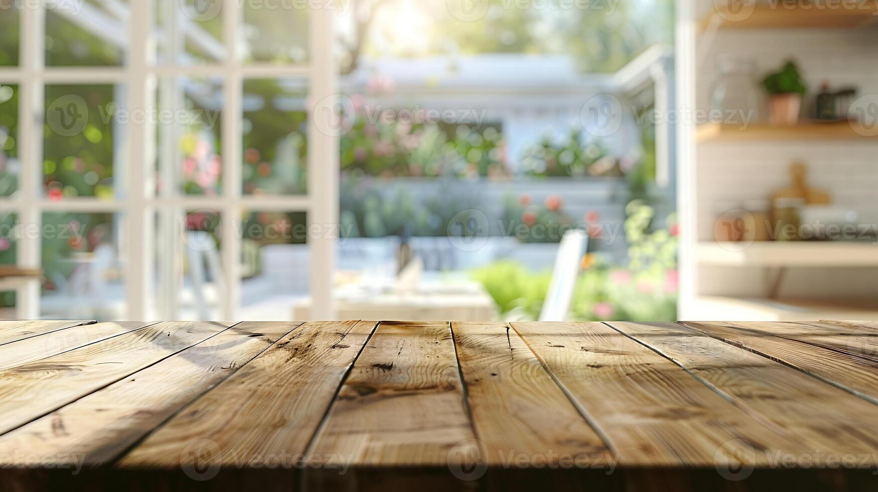 di legno tavolo superiore con sfocato cucina sfondo di gratuito spazio nazione stile design cucina con grande finestre e giardino, foto