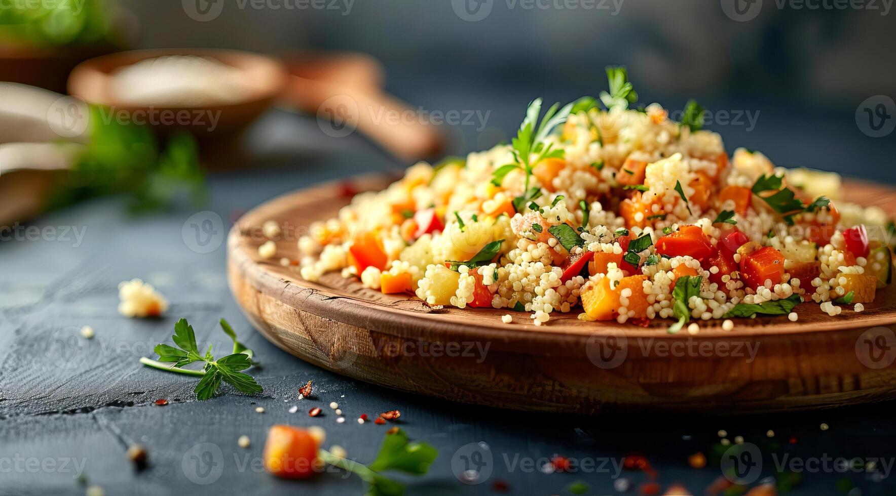 un' ciotola di couscous con un' varietà di verdure e cereali foto