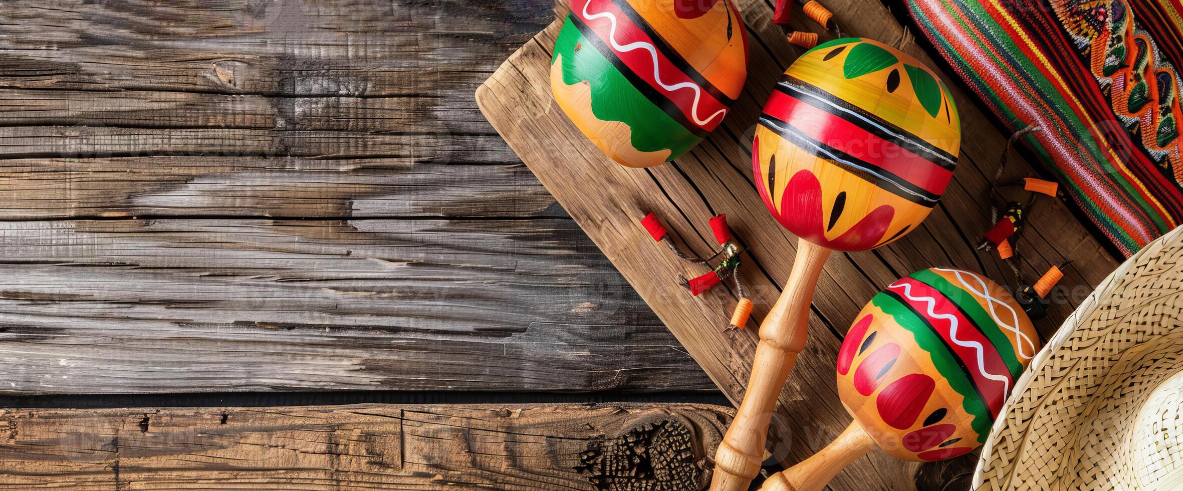 Messico festivo di legno sfondo con sombrero, serape e maracas nel piatto posare Visualizza foto