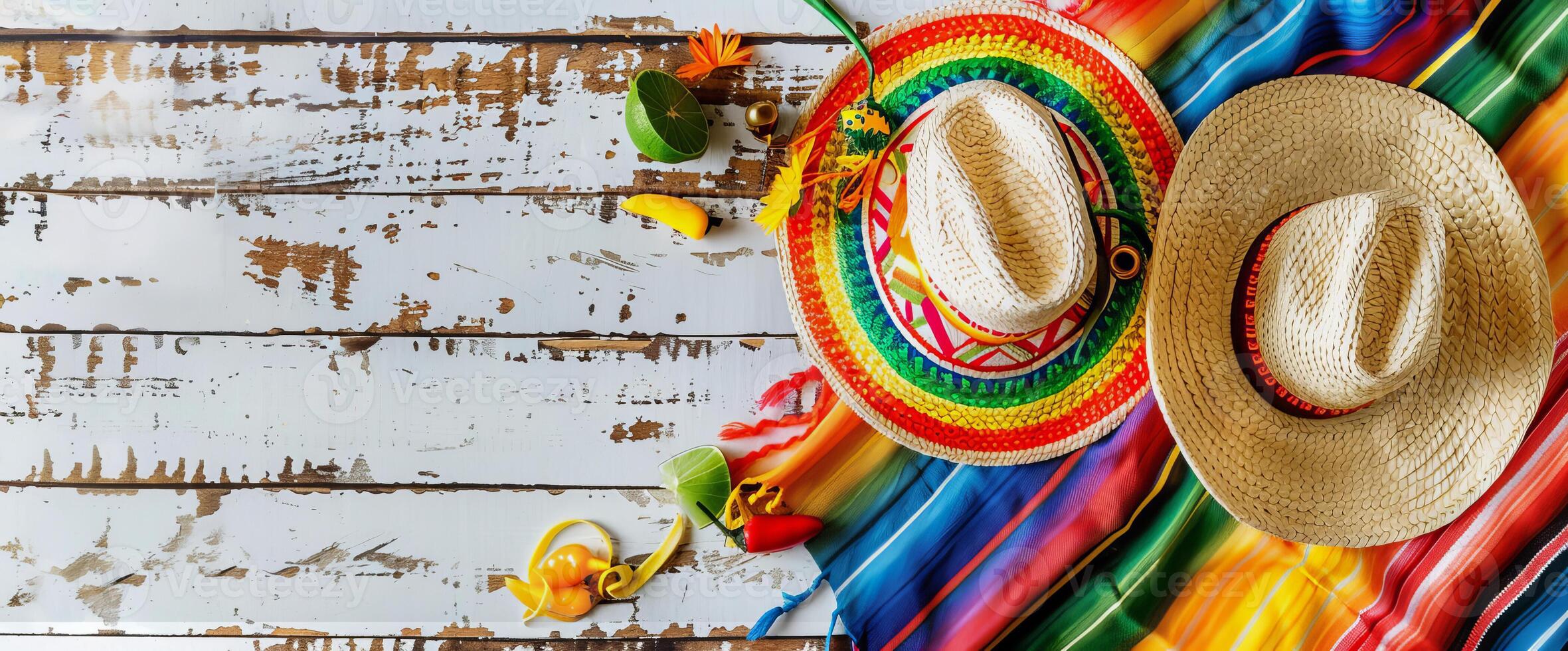 Messico festivo di legno sfondo con sombrero, serape e maracas nel piatto posare Visualizza foto