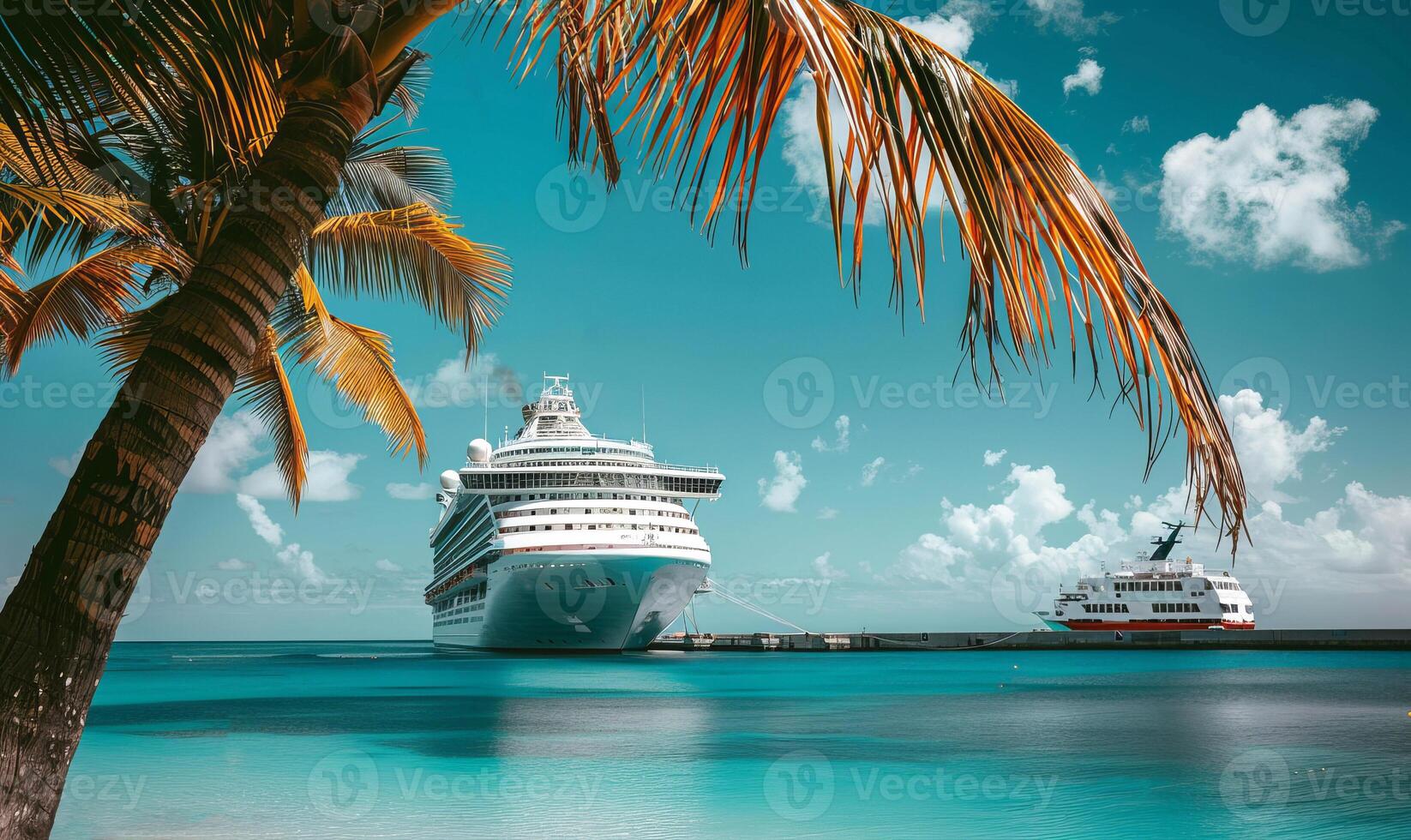 un' grande crociera nave è attraccato a il spiaggia durante vacanza circondato con blu turchese acqua foto
