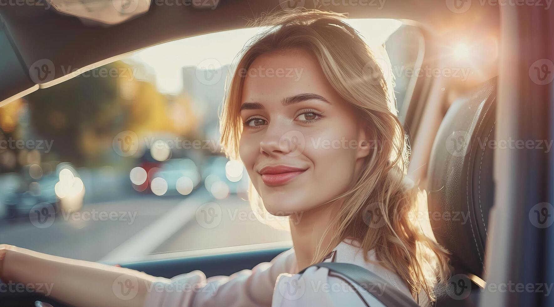 contento auto Proprietà, bellissimo signora sorridente quando guida nuovo auto auto foto