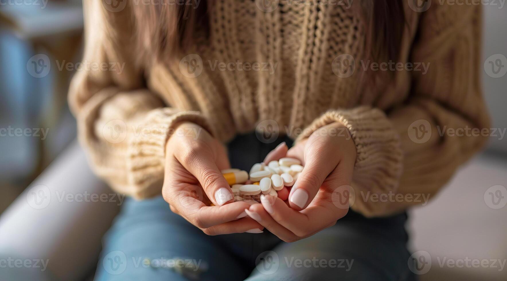donna con antidolorifici sofferenza per mestruale o stomaco dolore o altro malattia. sovramedicazione. foto
