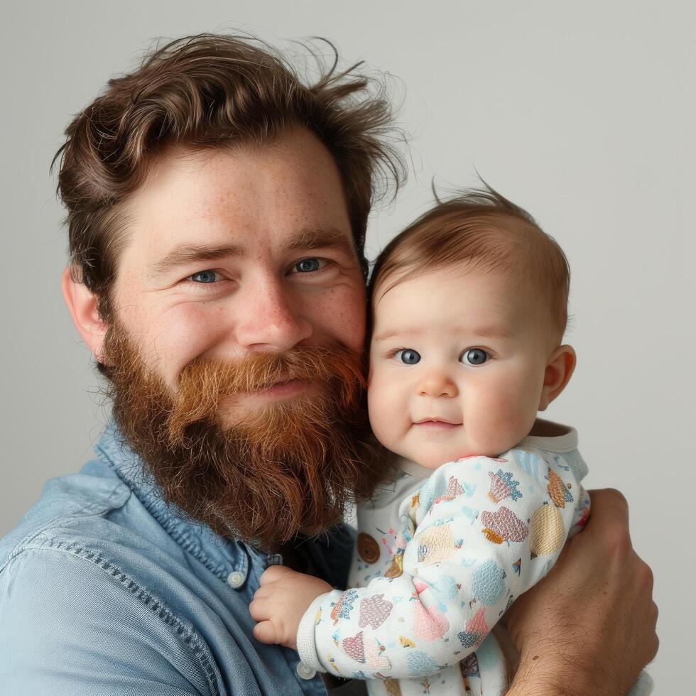 barbuto padre Tenere bambino nel un' tenero famiglia momento foto