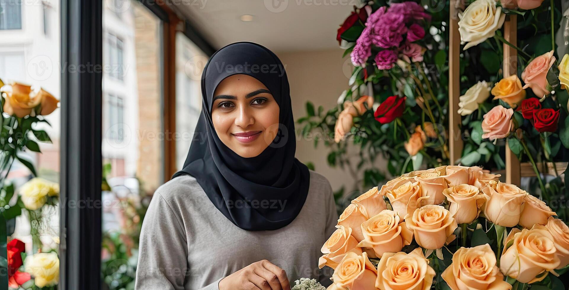 musulmano donna fioraio raccoglie mazzo di Rose- fresco tagliare fiori nel vasi nel fiore negozio e cremagliere per saldi, consegna per il vacanza. molla, marzo 8, Da donna giorno, compleanno foto