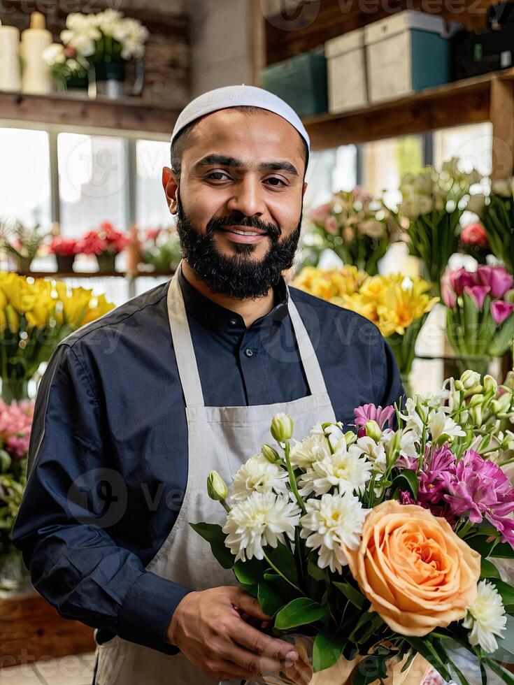 musulmano uomo fioraio raccoglie mazzo di primavera fiori- fresco tagliare fiori nel vasi nel fiore negozio e cremagliere per saldi, consegna per il vacanza. molla, marzo 8, Da donna giorno, compleanno. foto