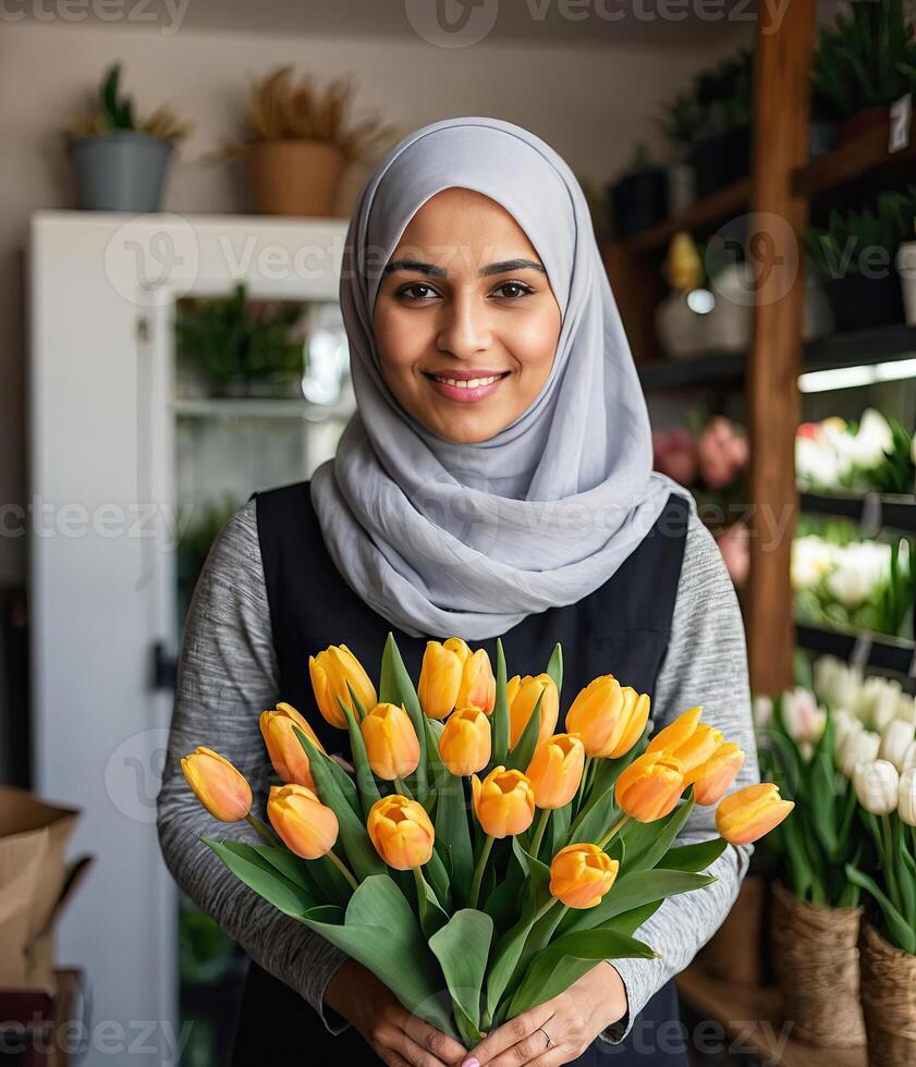 musulmano donna fioraio raccoglie mazzo di tulipani- fresco tagliare fiori nel scatole e vasi nel fiore negozio e cremagliere per saldi, consegna per il vacanza. molla, marzo 8, Da donna giorno, compleanno. foto