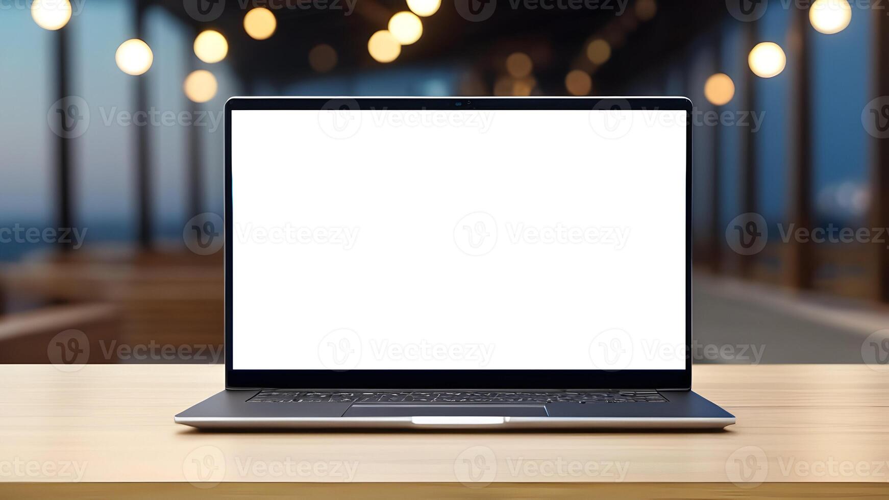 il computer portatile con bianca vuoto schermo su di legno tavolo con sfocato sfondo foto