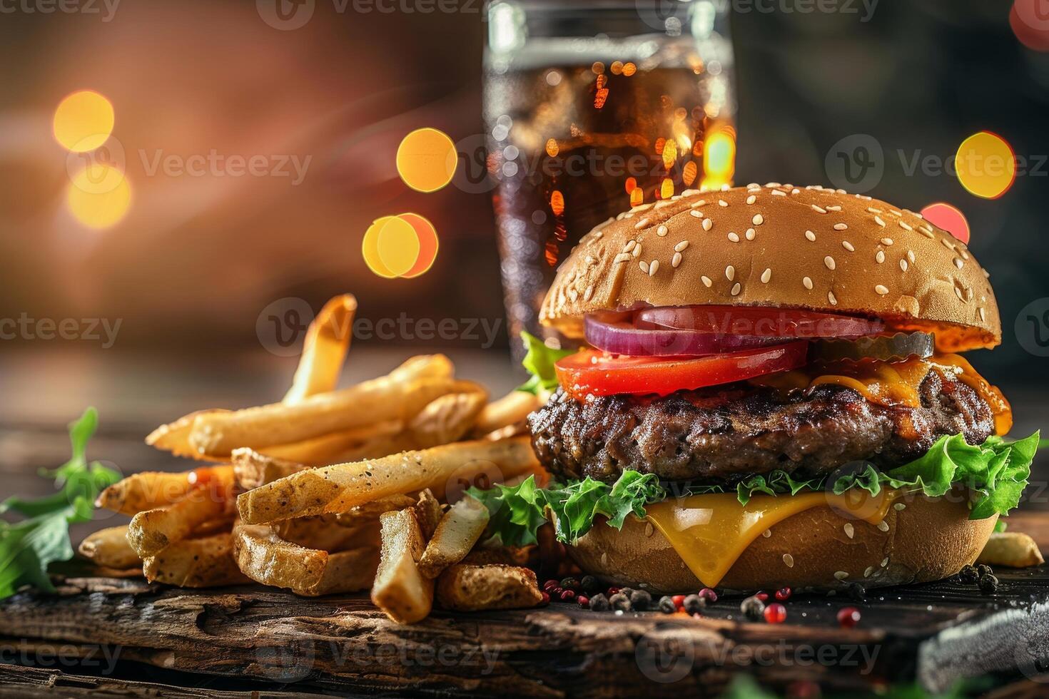 gustoso hamburger con francese patatine fritte e un' Coca Cola foto