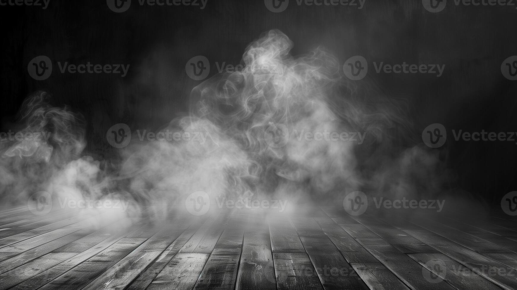 buio camera con di legno pavimento e Fumo. astratto buio sfondo con Fumo foto