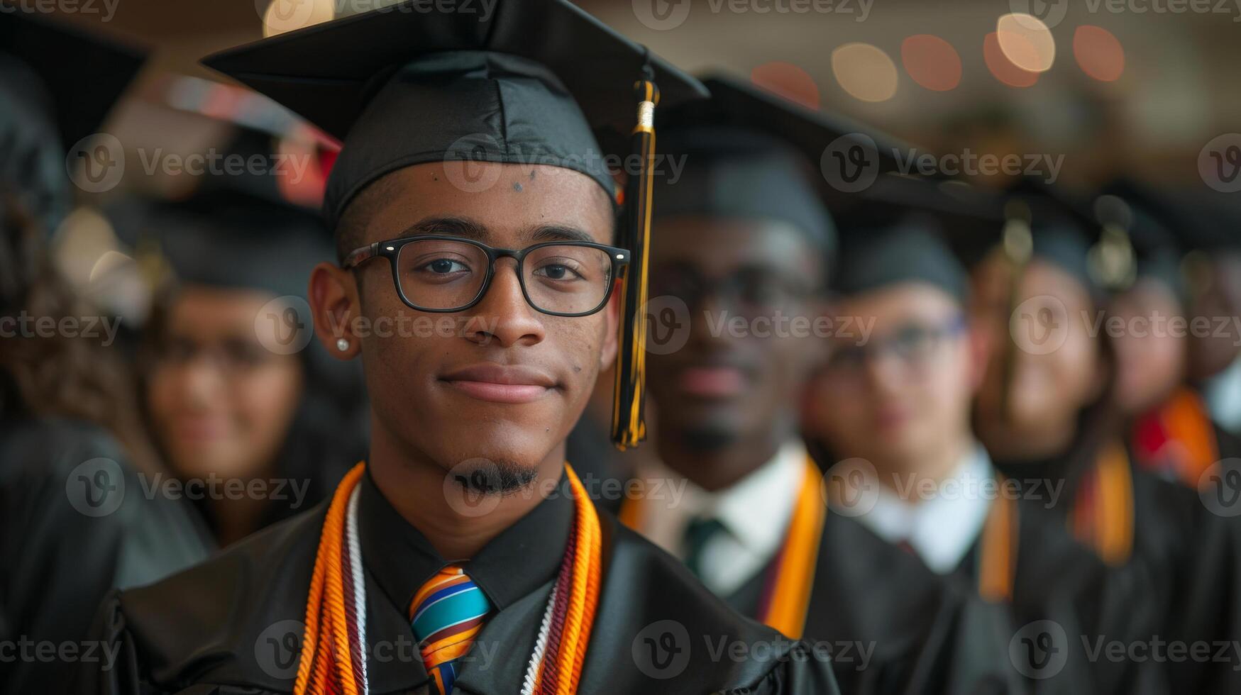 africano giovane alunno a la laurea cerimonia indossare nel caps e abiti, sfocato persone su il sfondo foto