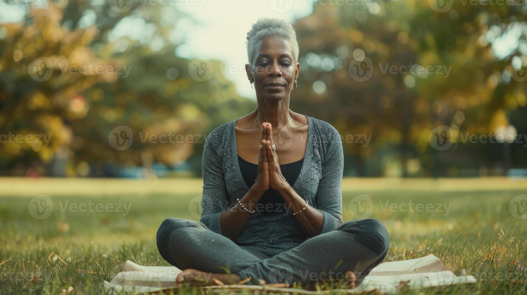 di mezza età africano americano donna praticante yoga all'aperto. meditazione nel il parco, collegamento con natura. mentale Salute foto