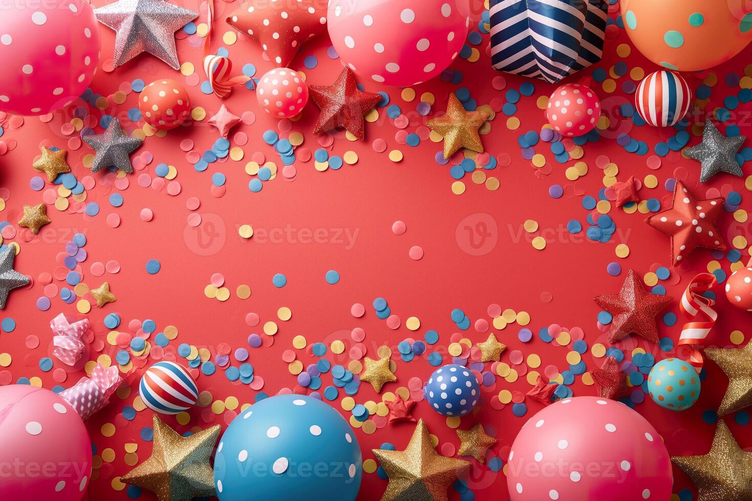 assortito palloncini e coriandoli sparpagliato su un' vivace rosso sfondo. foto