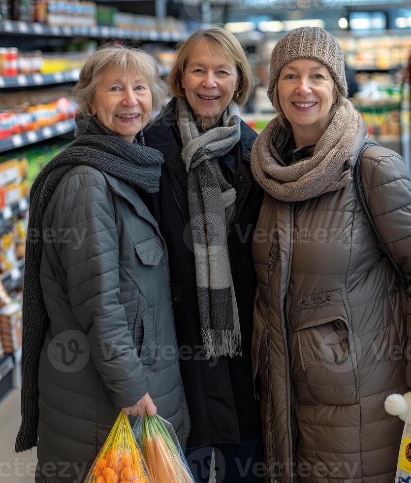 Due Tedesco donne sorridente mentre shopping nel un' supermercato, in piedi lato di lato tra colorato memorizzare visualizza. foto