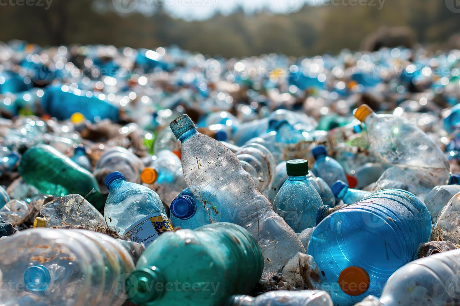 numerose plastica bottiglie littering il terra nel un' discarica, contribuendo per inquinamento. foto