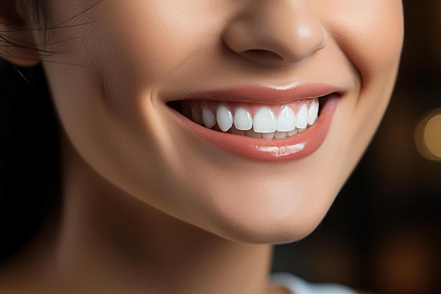 un' Perfetto Sorridi con bianca denti di un' giovane ragazza avvicinamento. foto