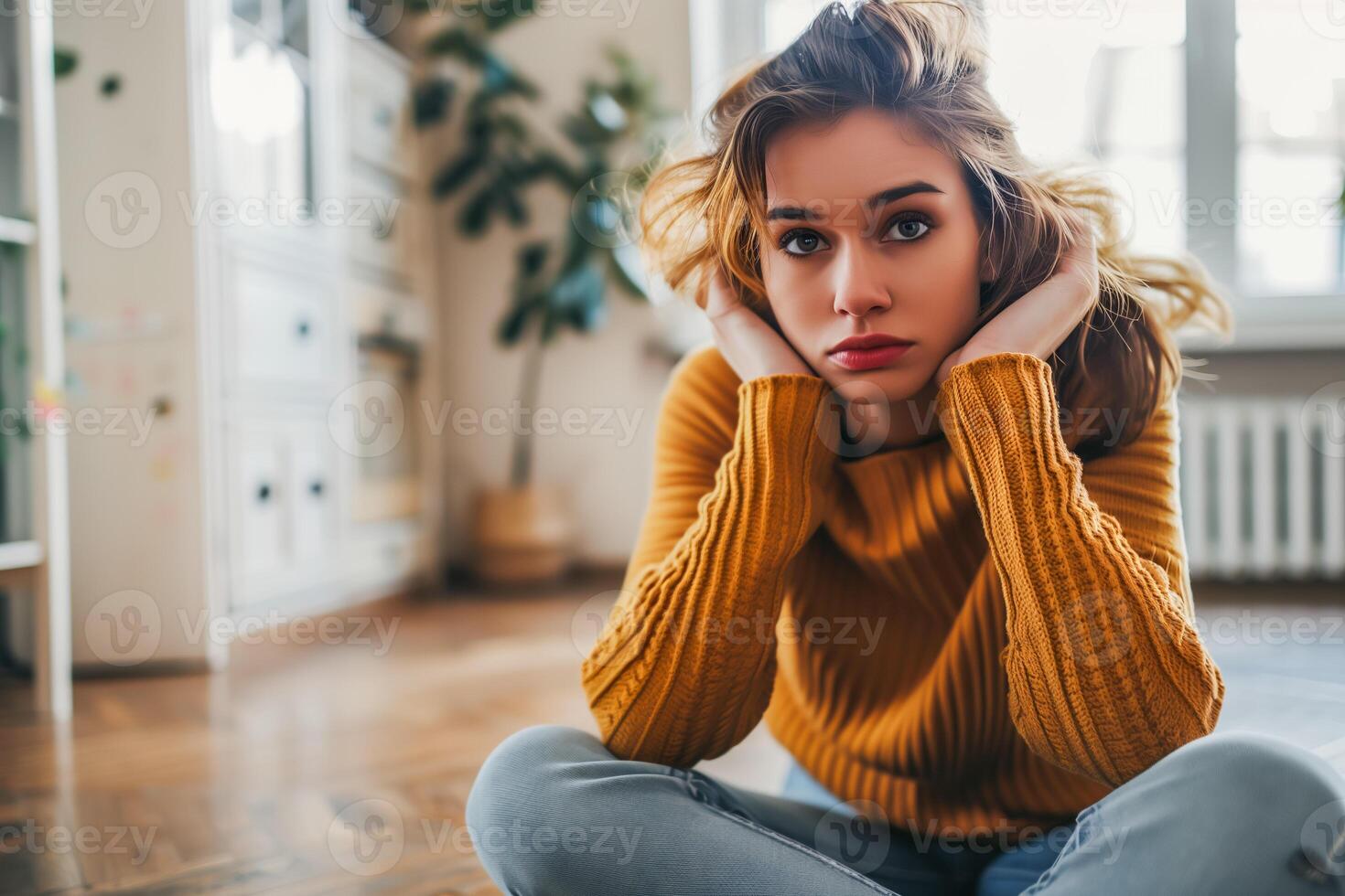 triste giovane donna seduta su il pavimento a casa, avvicinamento foto