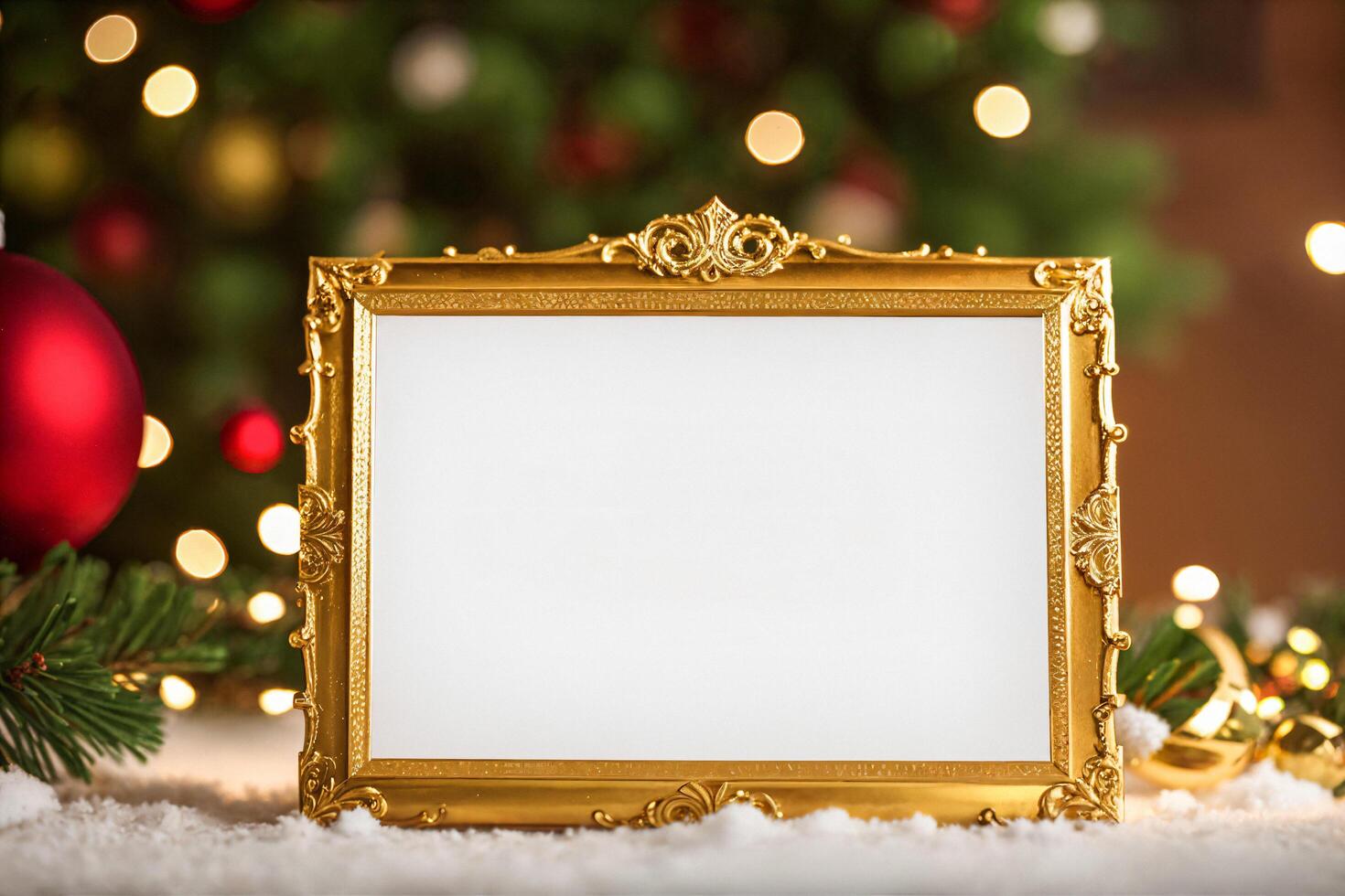oro ornamento vuoto telaio con Natale sfondo foto
