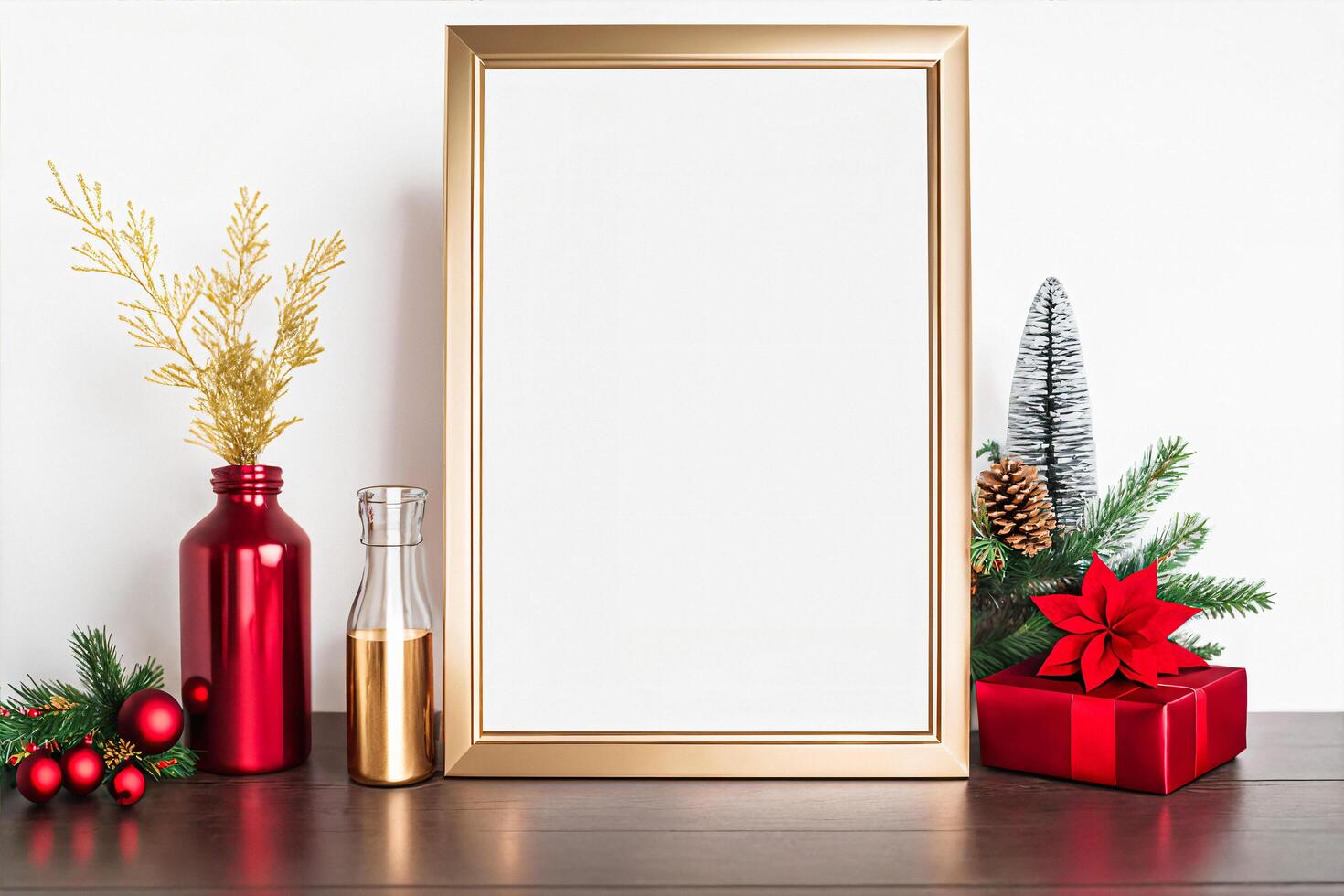 Natale oro telaio modello con rosso vaso e scatola foto