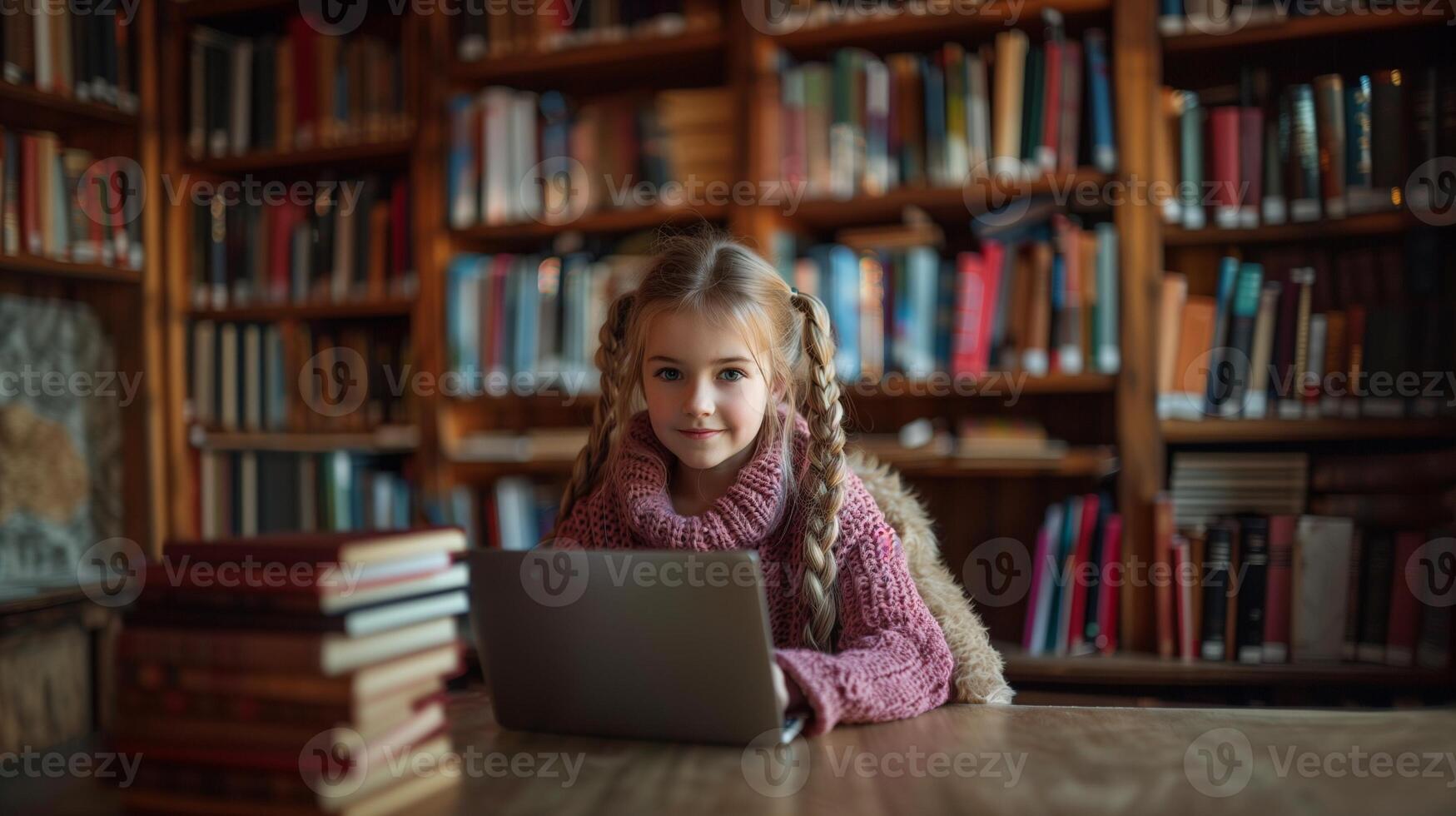 ritratto di sorridente ragazza alunno utilizzando il computer portatile mentre seduta a tavolo nel biblioteca foto