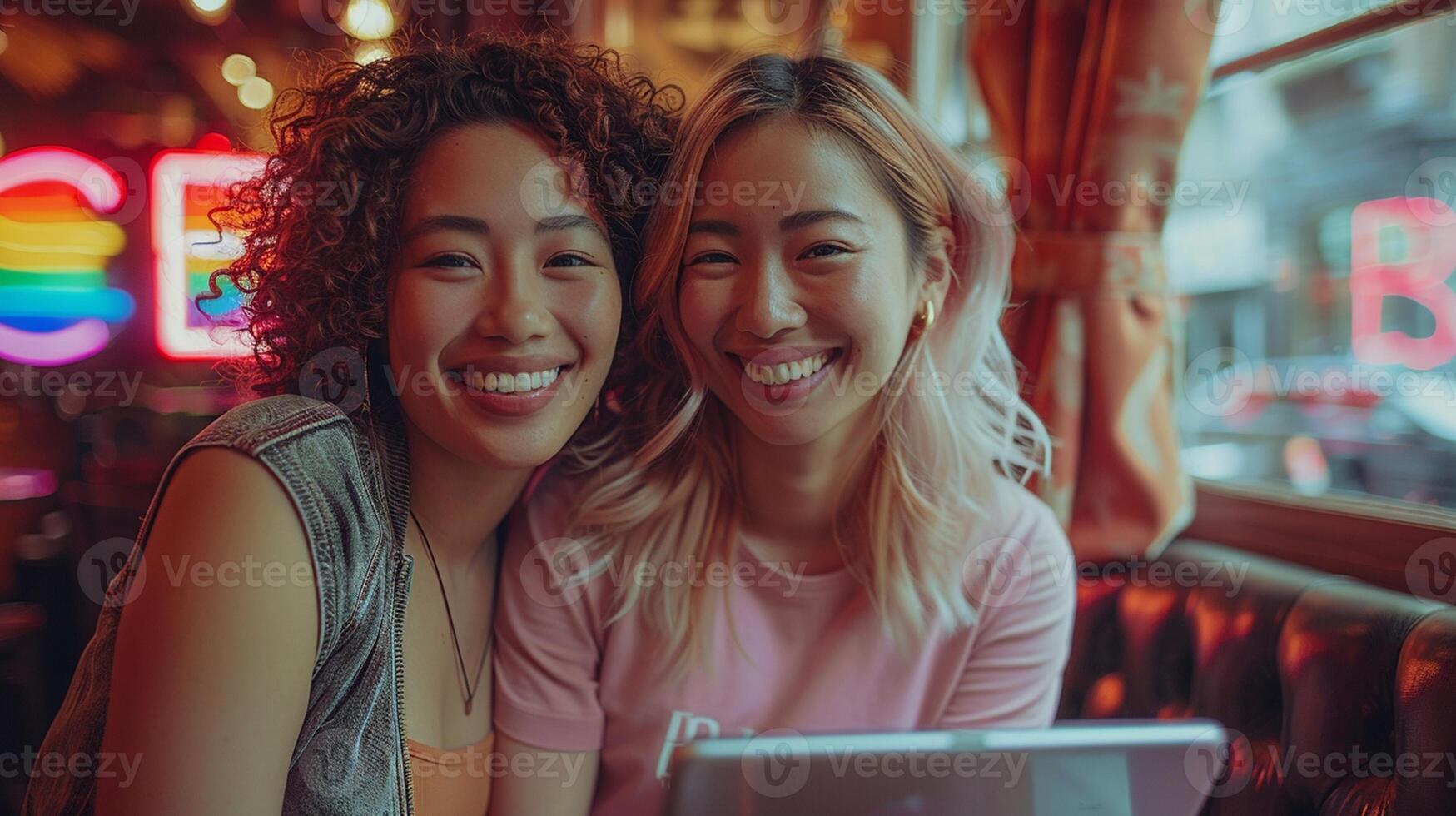 Due asiatico donne utilizzando il computer portatile computer a caffè negozio. lgbt concetto. foto