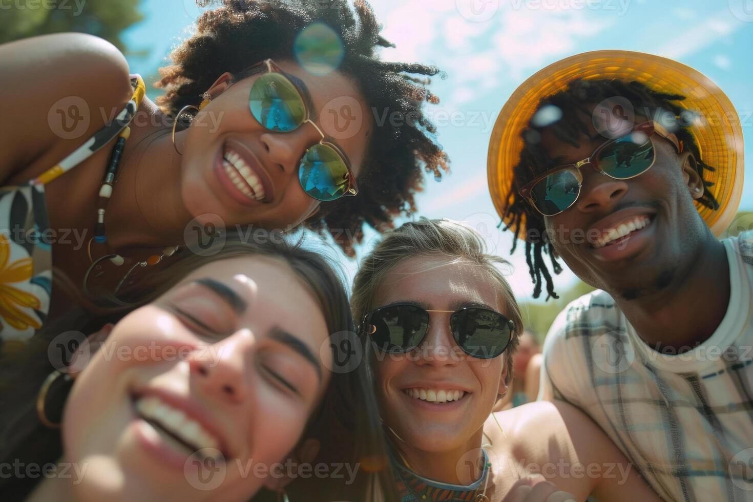 contento multietnico amici in posa per telecamera a estate picnic. foto