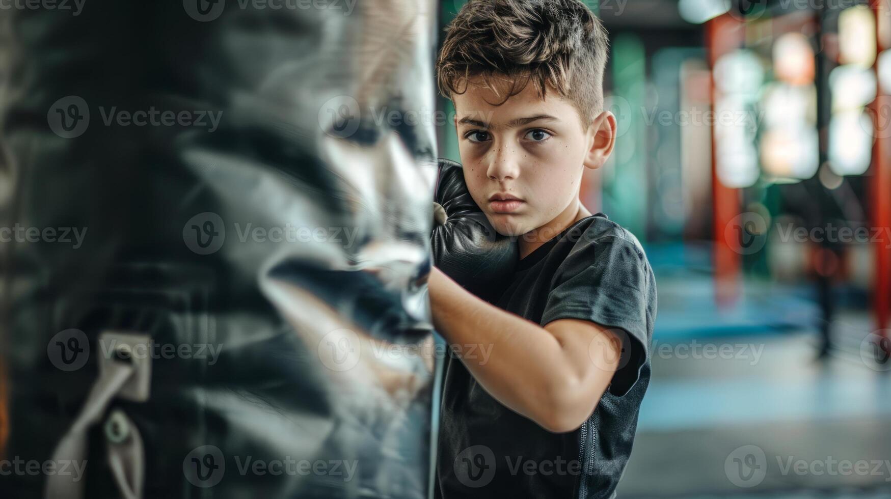 caucasico ragazzo formazione boxe, focalizzata bambino nel Palestra con boxe guanti. ragazzo pugile praticante pugni. concetto di infanzia disciplina, atletico addestramento, gioventù gli sport, e attivo stile di vita. foto