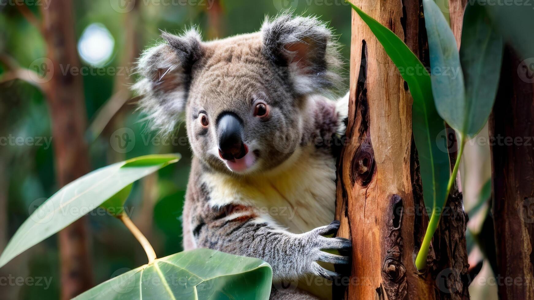 accattivante koala riposo in mezzo eucalipto fogliame. vivace avvicinamento di un' soffice australiano marsupiale. concetto di natura conservazione, naturale habitat, e adorabile animale foto