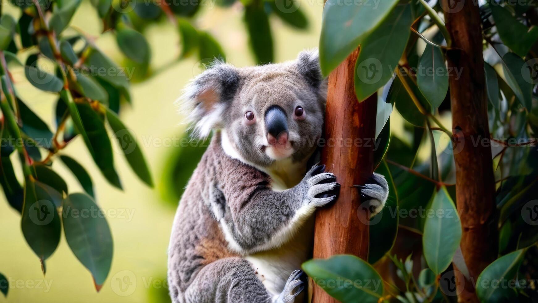 accattivante koala riposo in mezzo eucalipto fogliame. vivido avvicinamento di un' soffice australiano marsupiale. concetto di natura conservazione, naturale habitat, e adorabile animale. foto