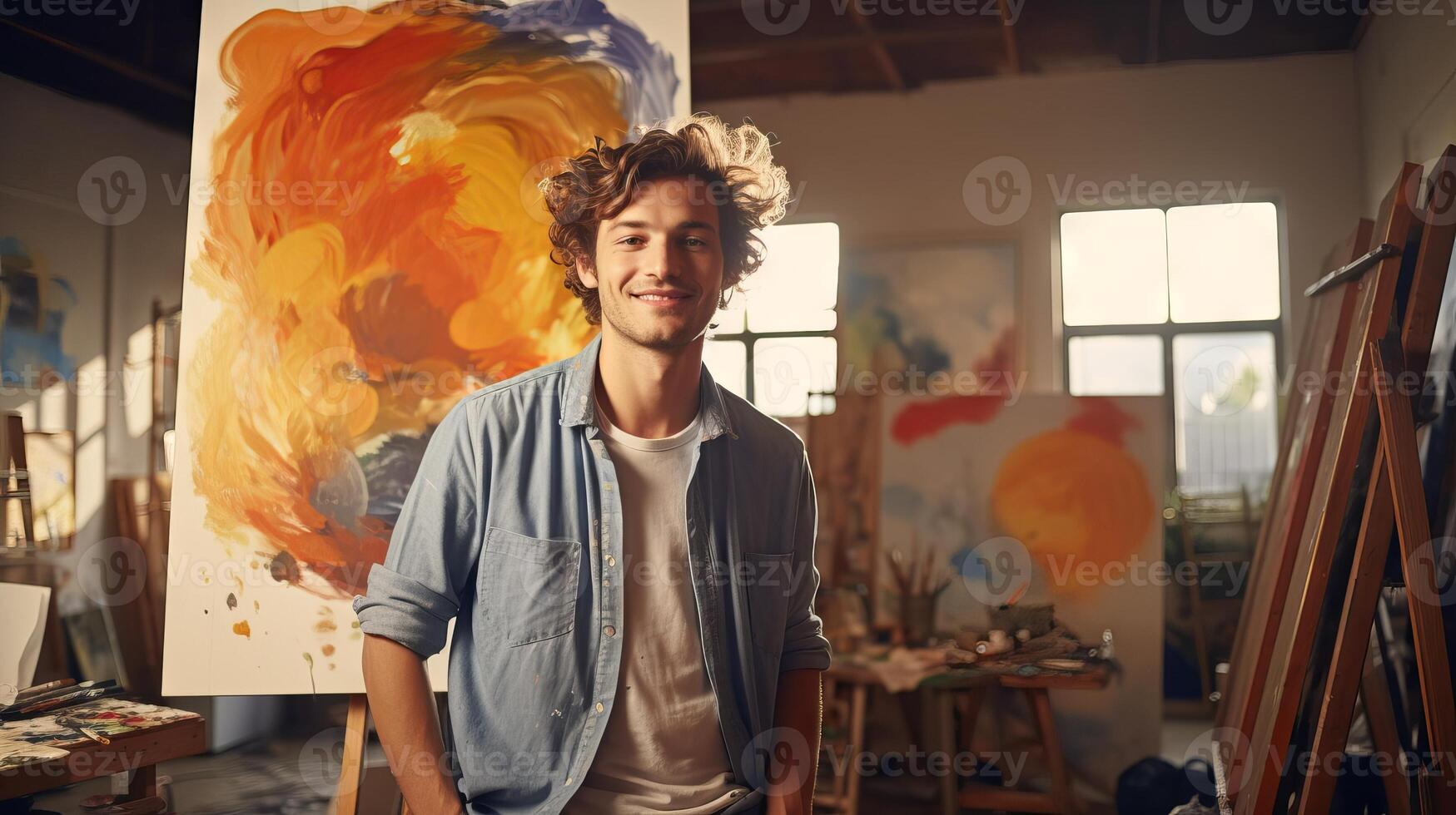 giovane sorridente caucasico uomo artista Il prossimo per il suo opera d'arte nel arte studio. concetto di artistico talento, bene arti, creativo processi, interessante passatempo, eccitante tempo libero volta, olio pittura foto