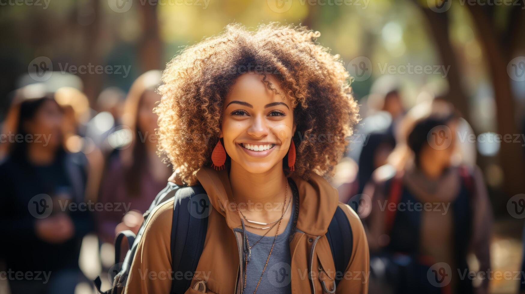 africano americano femmina alunno profugo con un' zaino a un' Università città universitaria. giovane donna. concetto di accademico aspirazioni, nuovo inizi, immigrante formazione scolastica, profugo integrazione, diversità foto