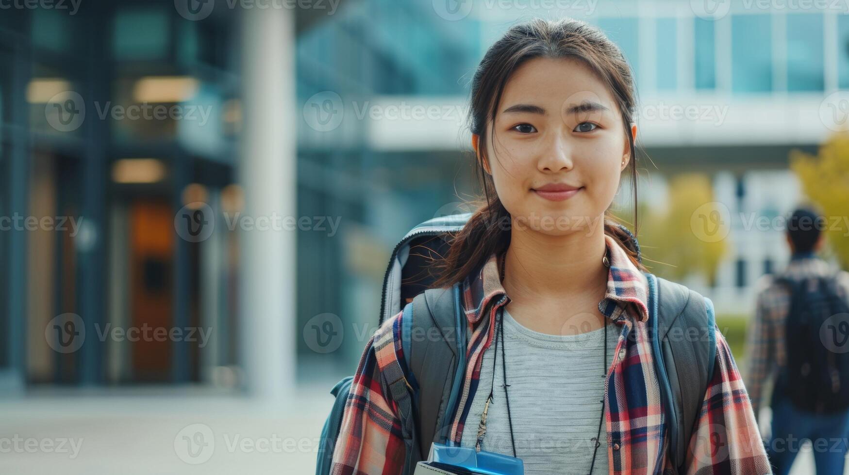 sorridente asiatico femmina alunno a Università città universitaria all'aperto. giovane profugo donna con zaino. concetto di immigrante formazione scolastica, profugo integrazione, diversità, culturale scambio, accademico aspirazione. foto