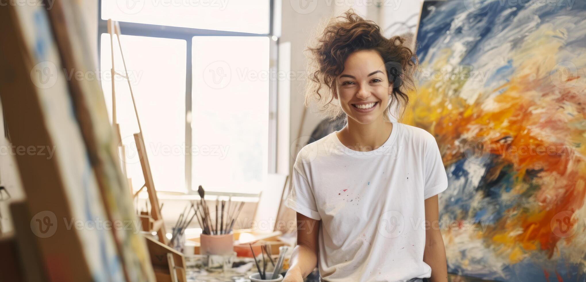 sorridente caucasico giovane donna pittore Il prossimo per sua opera d'arte nel arte studio. concetto di artistico talento, bene arti, creativo processi, olio pittura foto