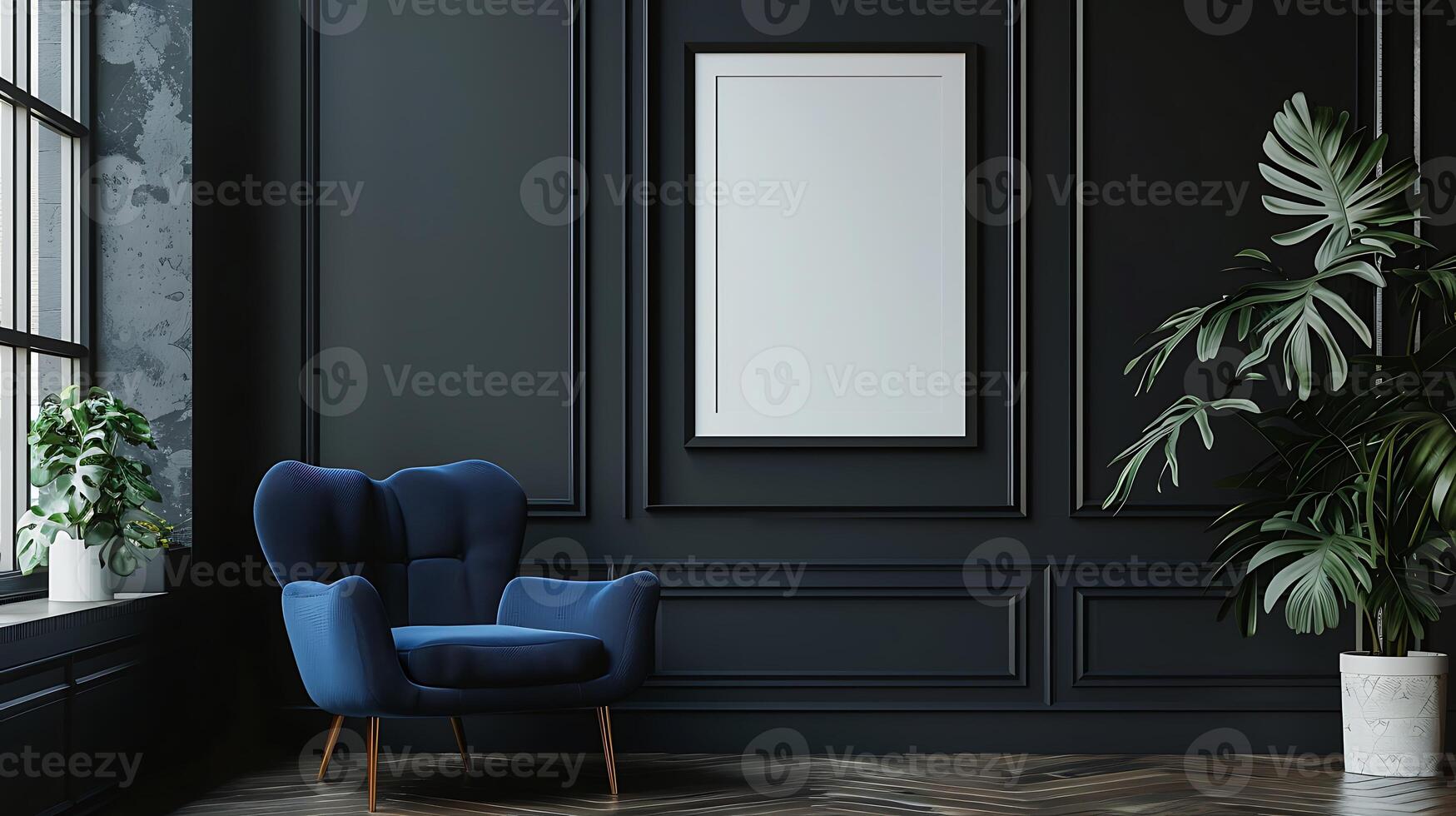 immagine modello con nero verticale telaio su buio parete. elegante buio interno con blu poltrona, manifesto modello. foto