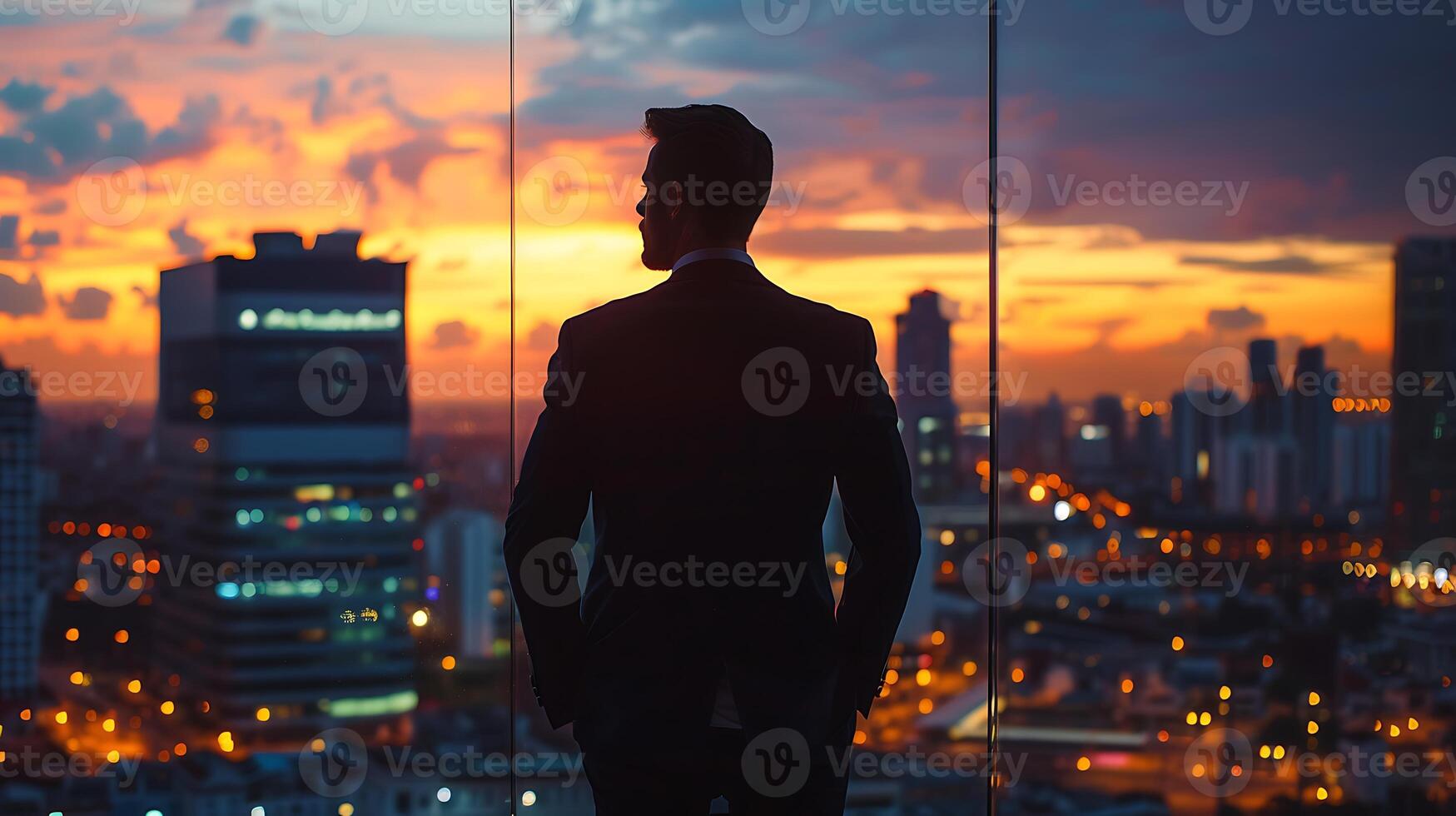 pieno corpo ritratto di riuscito uomo d'affari indossare un' completo da uomo in piedi vicino panoramico finestre, guardare a tramonto al di sopra di città con grattacieli foto