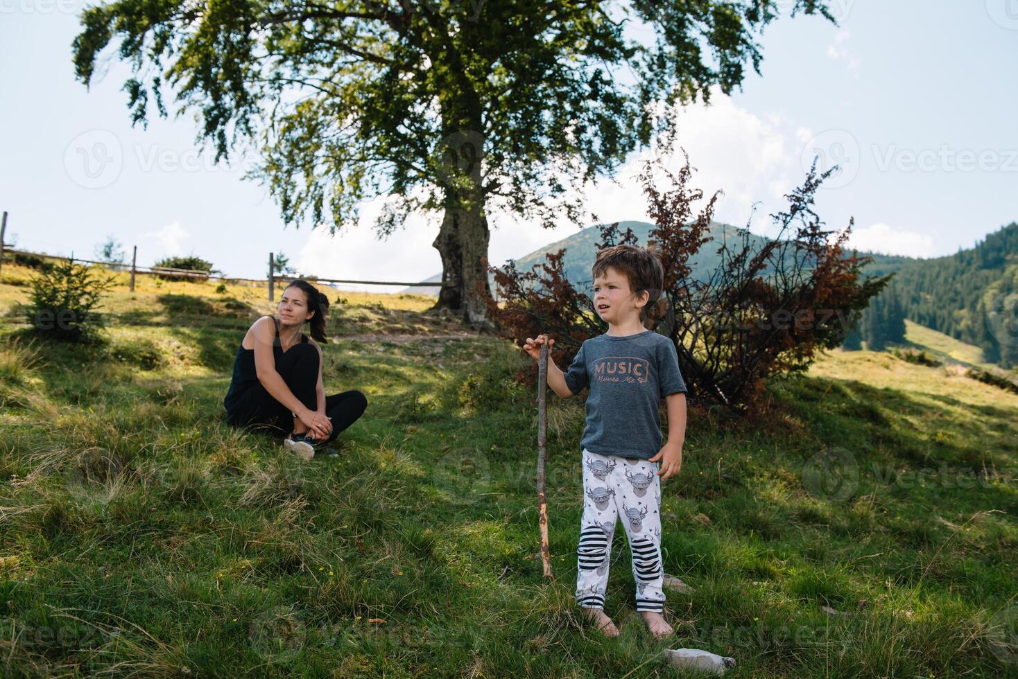 giovane mamma con bambino ragazzo in viaggio. madre su escursioni a piedi avventura con bambino, famiglia viaggio nel montagne. nazionale parco. escursione con bambini. attivo estate vacanze. fisheye lente foto