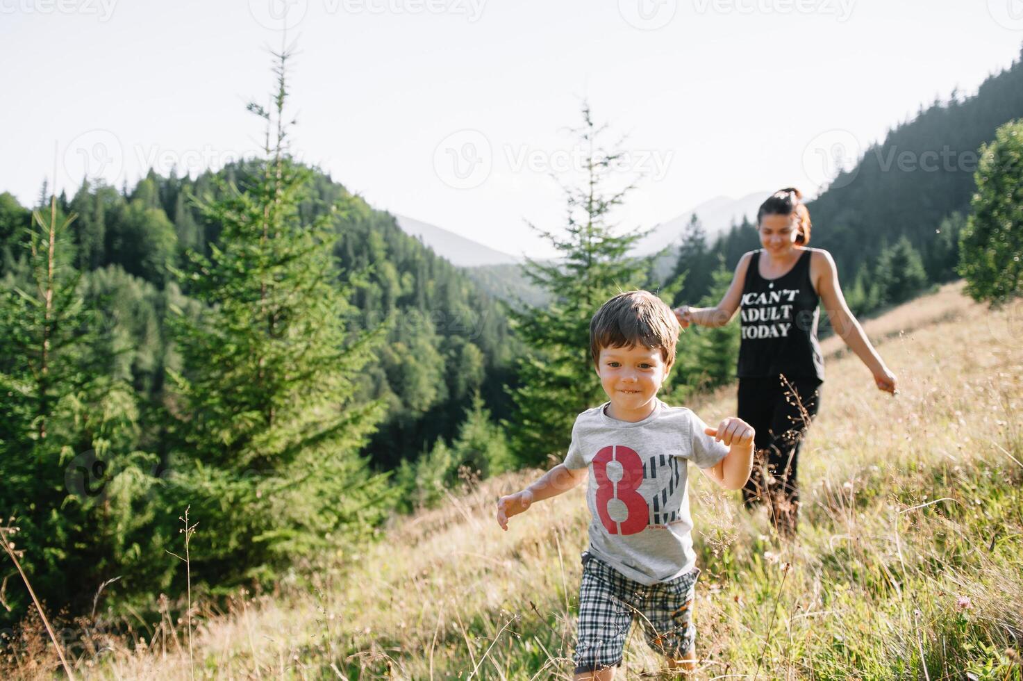 giovane mamma con bambino ragazzo in viaggio. madre su escursioni a piedi avventura con bambino, famiglia viaggio nel montagne. nazionale parco. escursione con bambini. attivo estate vacanze. fisheye lente. foto