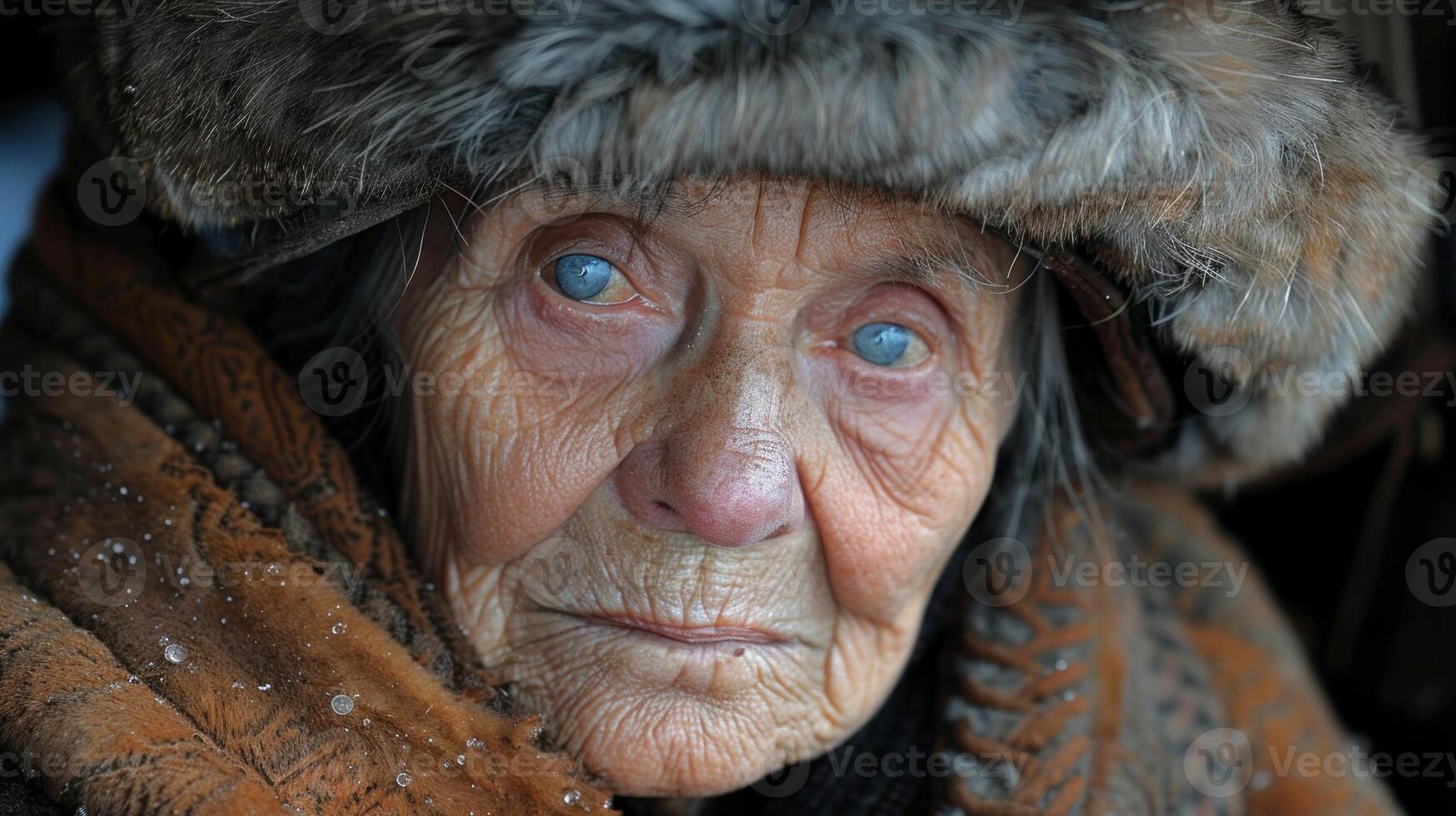 un anziano donna con blu occhi indossare un' pelliccia cappello foto