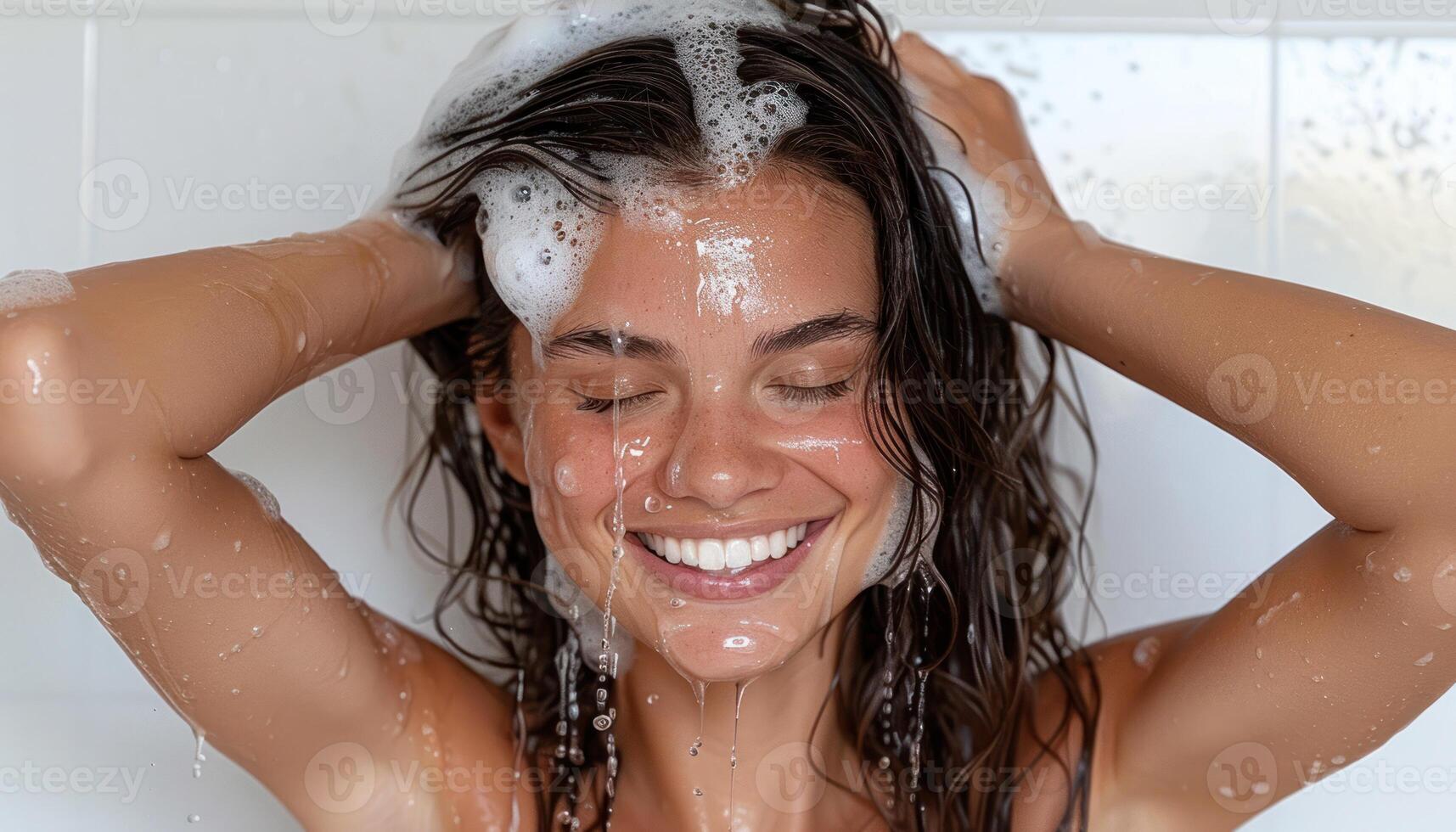 un' contento donna lavaggi sua capelli con un' Sorridi su sua viso foto