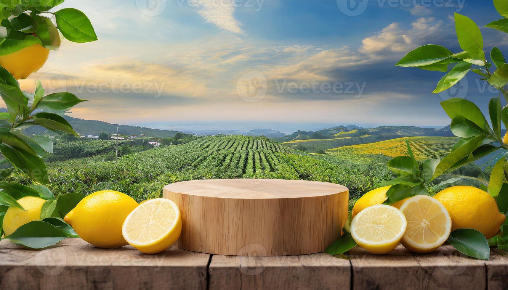 vuoto legna podio circondato di Limone frutta e pianta con Limone azienda agricola sfondo foto