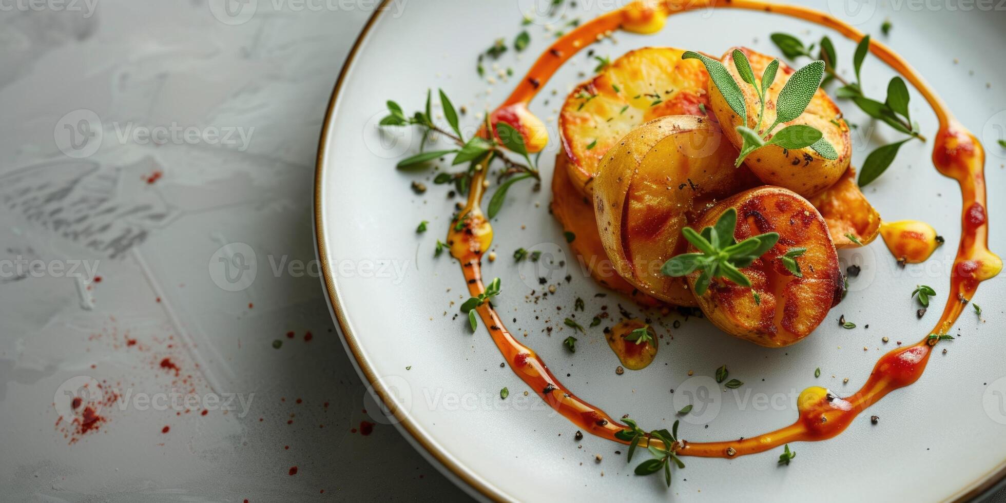 arrostito patate con erbe aromatiche e spezie su un elegante piatto su un' leggero pietra sfondo con spazio per testo foto