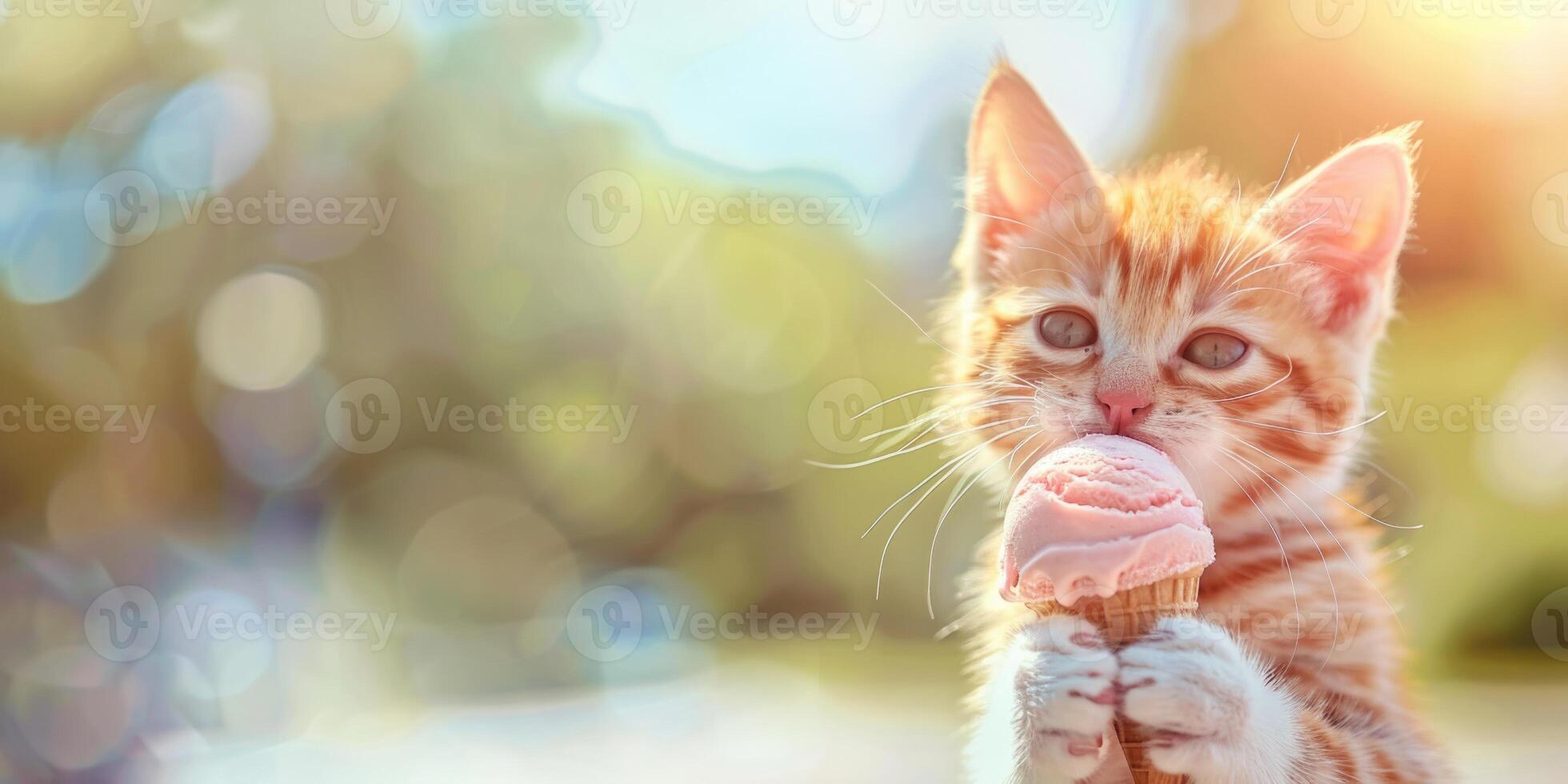 gatto con ghiaccio crema su un' sfondo di natura. gattino lecca ghiaccio crema nel un' cono. carino estate bandiera con animale domestico foto