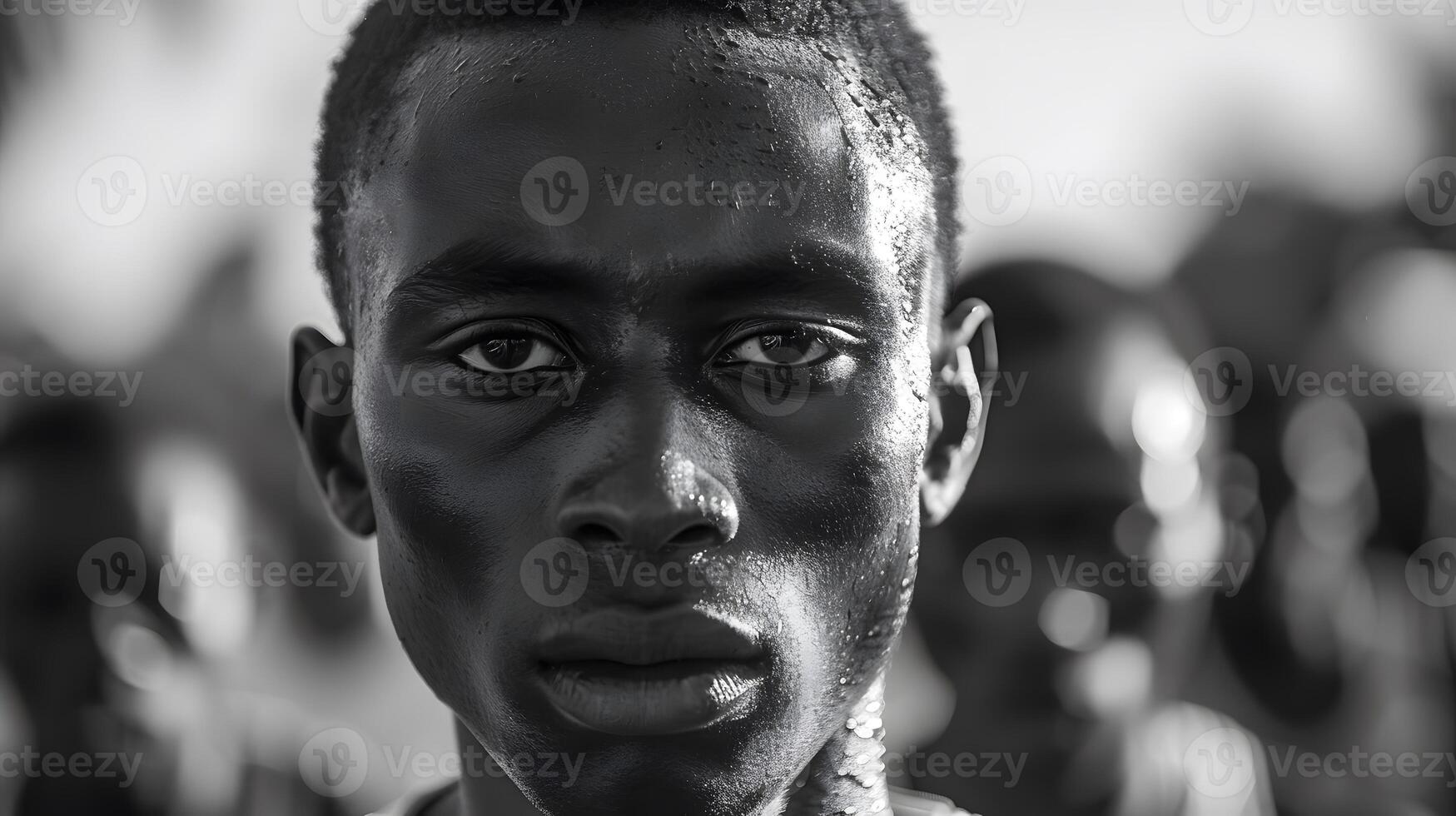 intenso nero e bianca ritratto di un' giovane uomo con messa a fuoco su occhi. sudore su viso evidenziazione determinazione e forza. umano emozioni e resilienza concetto. foto